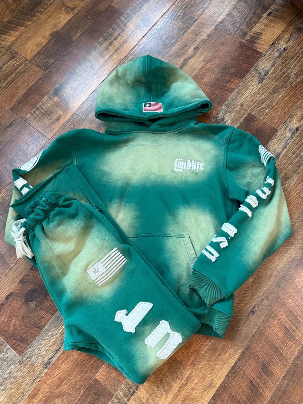 Loudlife USA Tour Green Bleached Hoodie & Jogger Set Size Medium Streetwear